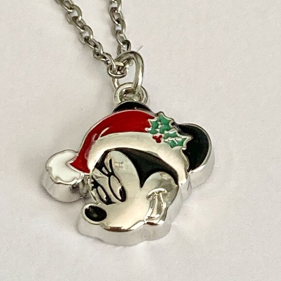 Vintage Disney Minnie Mouse Christmas Necklace Santa Hat 18" Chain Enamel Signed - Picture 6 of 7